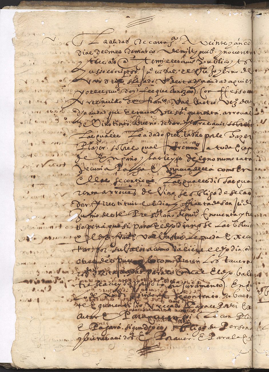 Obligación de Juan Vidal el Viejo, yerno de Rodrigo Segado, vecinos de Cartagena, con Francisco Valvastre de quien recibió 40 arrobas de vino tinto.
